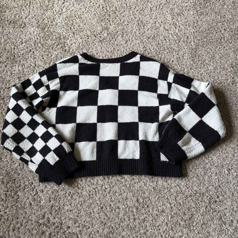 Vans Cardigan Sweater Womens M Black White Checkered V Neck Button Knit Fuzzy - Picture 4 of 4